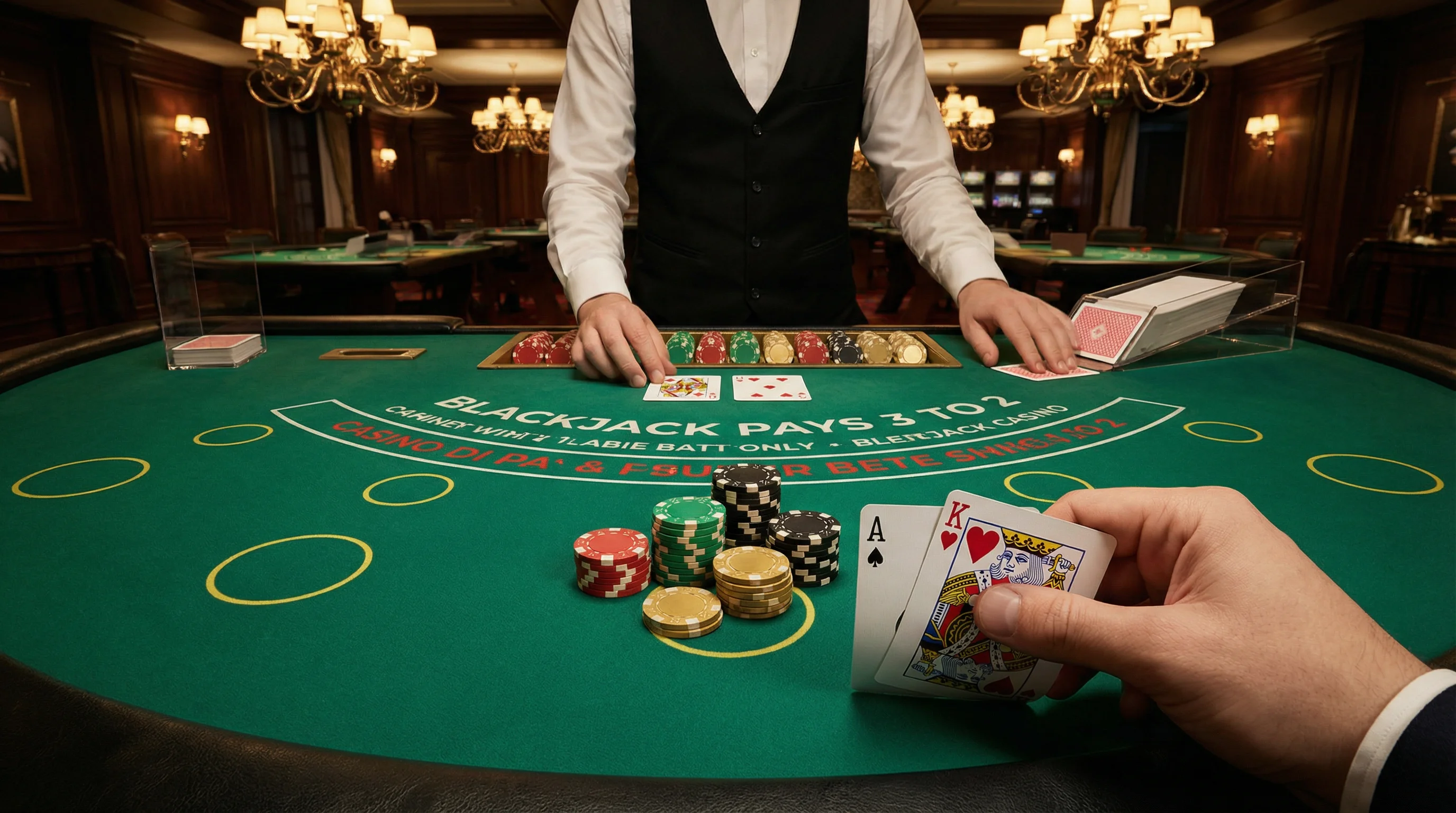 Mesa de blackjack profesional con cartas y fichas