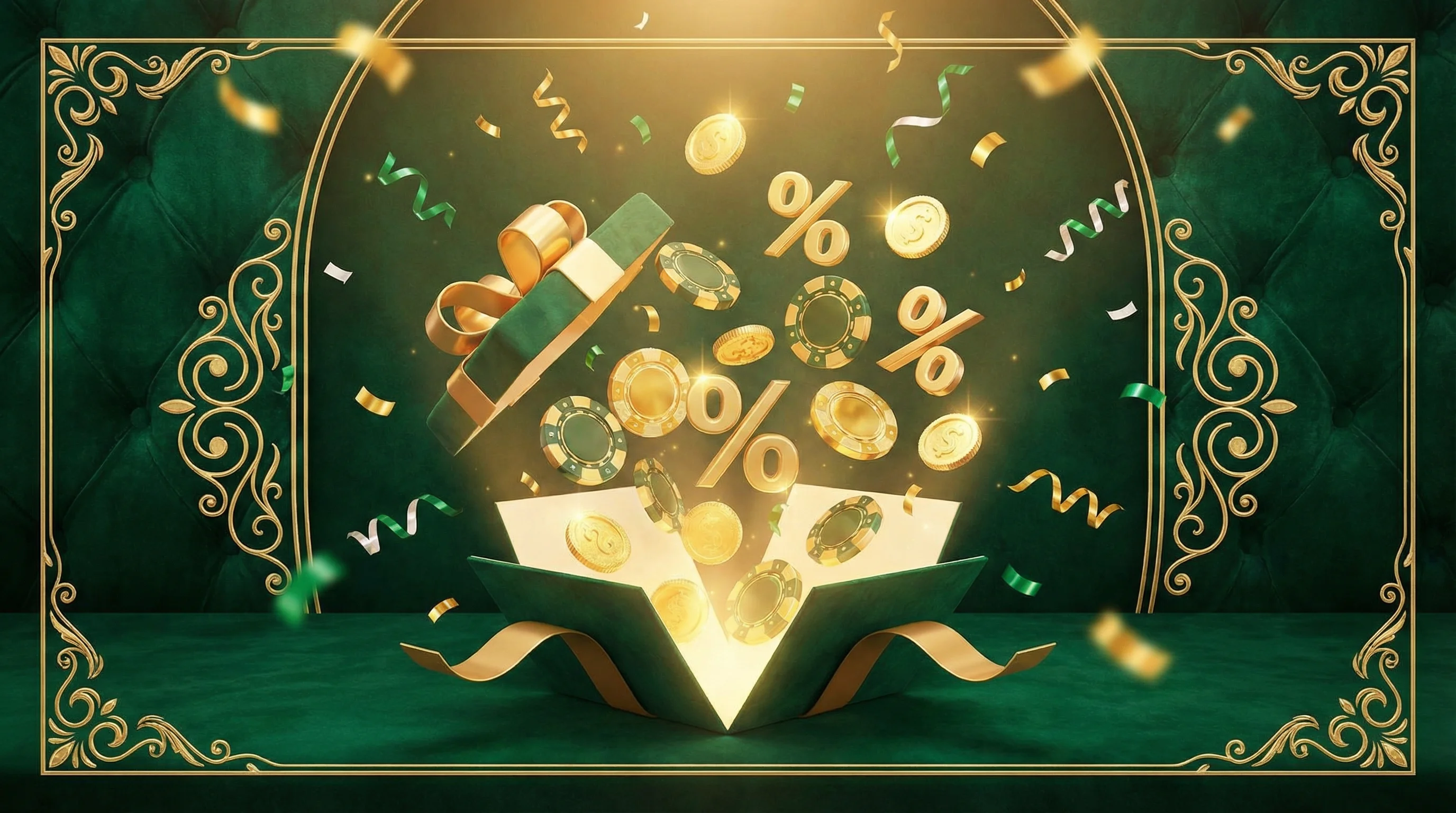 Bono de bienvenida casino con monedas y fichas doradas